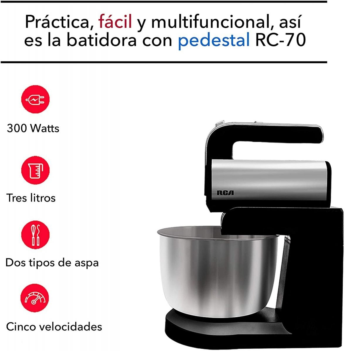 BATIDORA DE MANO CON PEDESTAL Y BOWL ACERO INOXIDABLE RCA