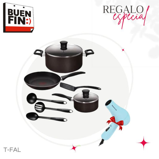 BATERIA T-FAL 9PZ BATEASYCA9NEG FAMILY COOK BLACK + 1PZ SECADORA